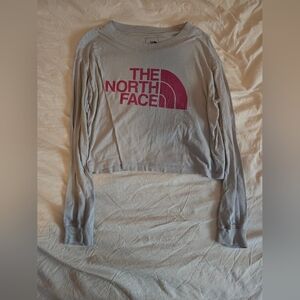 The North Face Light Gray Long Sleeve with Pink Logo